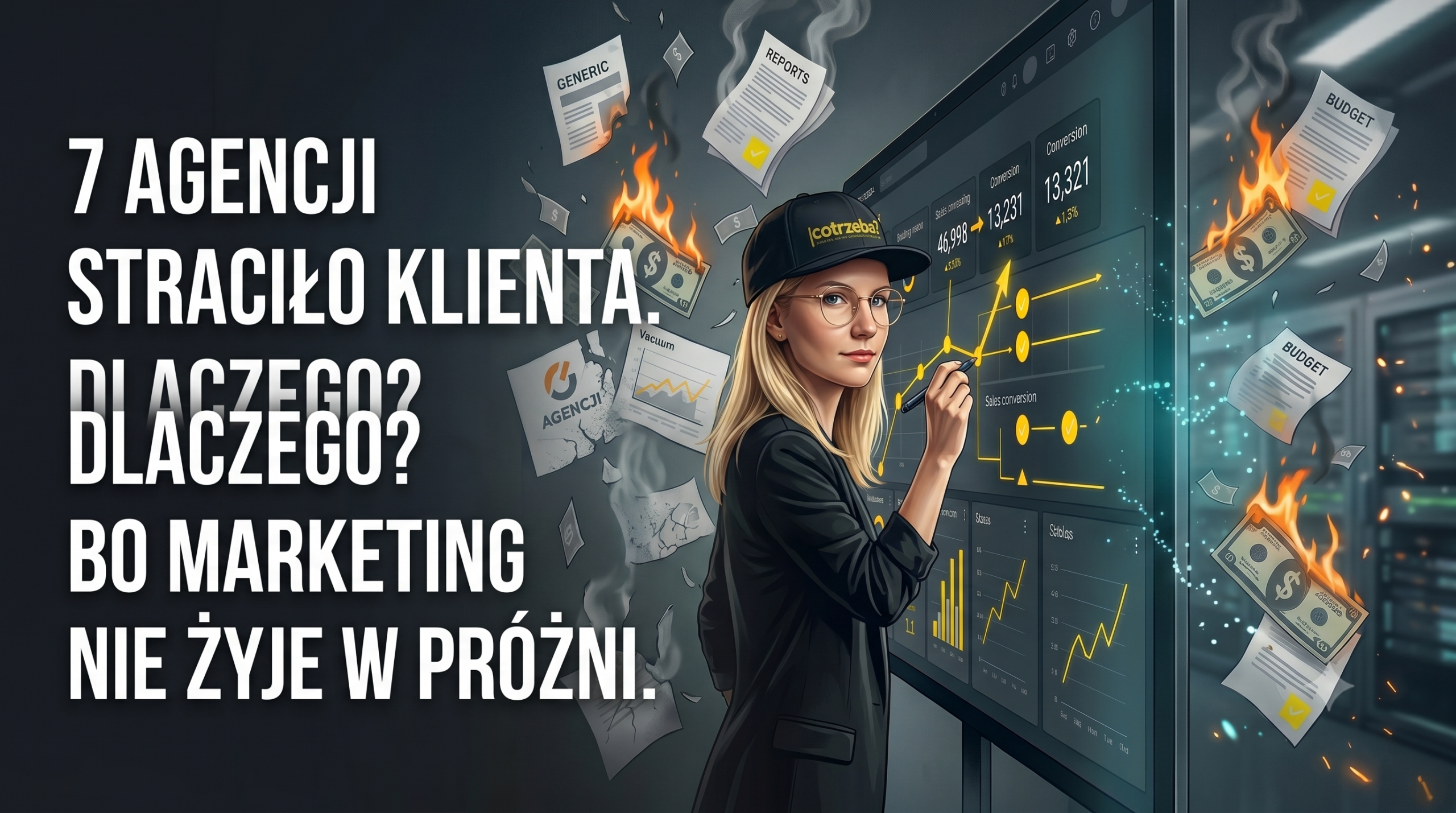 Napis na obrazku: "7 agencji marketingowych straciło klienta. Dlaczego? Bo marketing nie żyje w próżni". Obrazek przedstawia kobietę, która stoi przy ekranie i robi audyt marketingowy agencji.